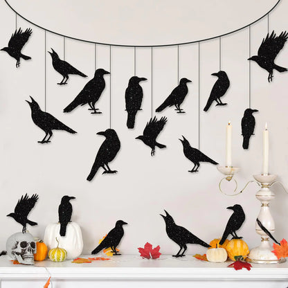 40pcs Glitter Black Crow Halloween Decorations Bird Raven Hanging Banners for Gothic Halloween Garland Backdrop Centerpiece Halloween Wall Cutouts for Horror Theme Birthday Wedding Yard Party Supplies