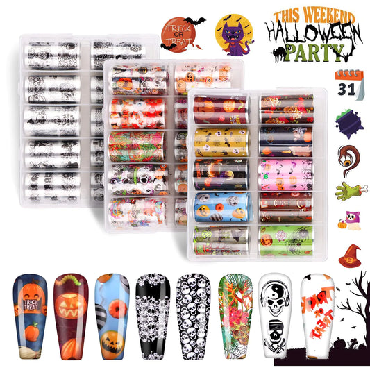 30 Rolls Halloween Nail Foil Transfer Stickers Kalolary Nail Decals with Halloween Pumpkin Spider Vampires Devil Design Nail Art Accessories Halloween Nail Wraps for Girls Women DIY Nail Decoration