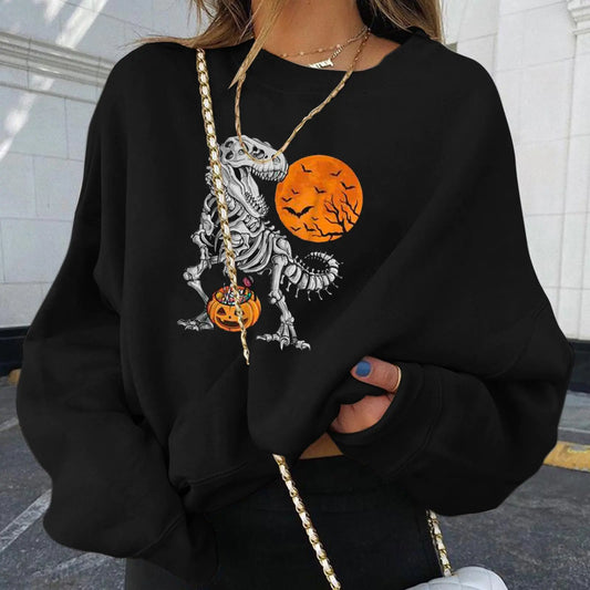 Loose-Fit O-Neck Halloween Print Sweater for Autumn/Winter