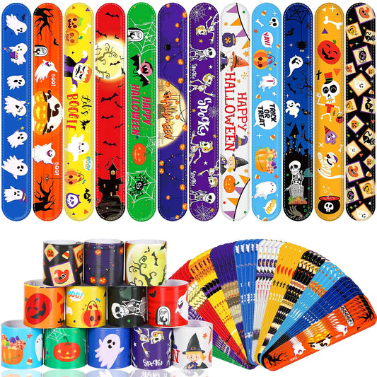 JUNEBRUSHS 56 Pack Halloween Slap Bracelets for Halloween Slap Bands Wristband Halloween Party Favors Snap Bracelets Bulk for Birthday Gifts Toys Party Bag Fillers