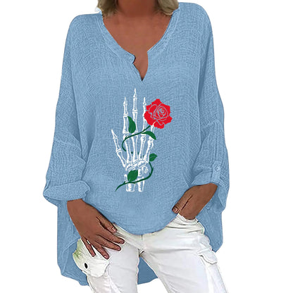 Halloween V-neck Cotton Linen Long Sleeve Shirt for Women