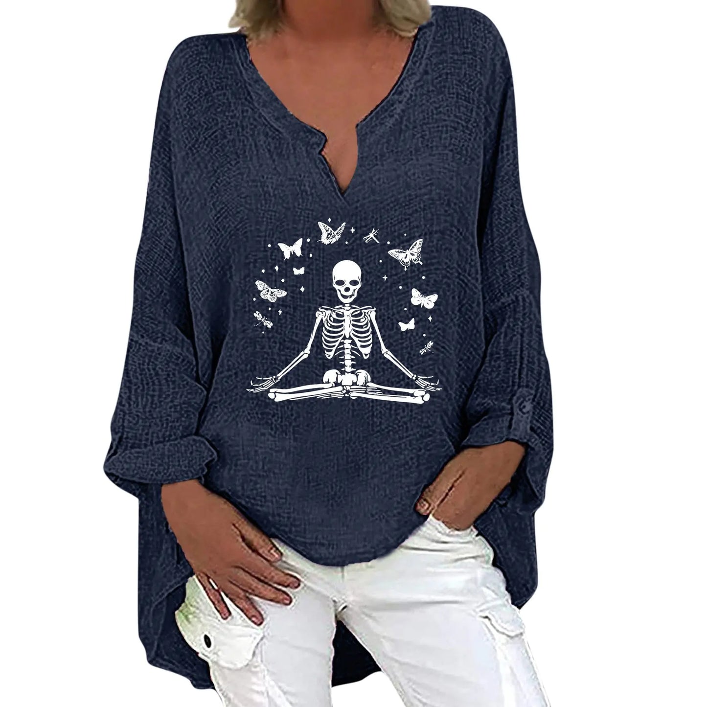 Halloween V-neck Cotton Linen Long Sleeve Shirt for Women