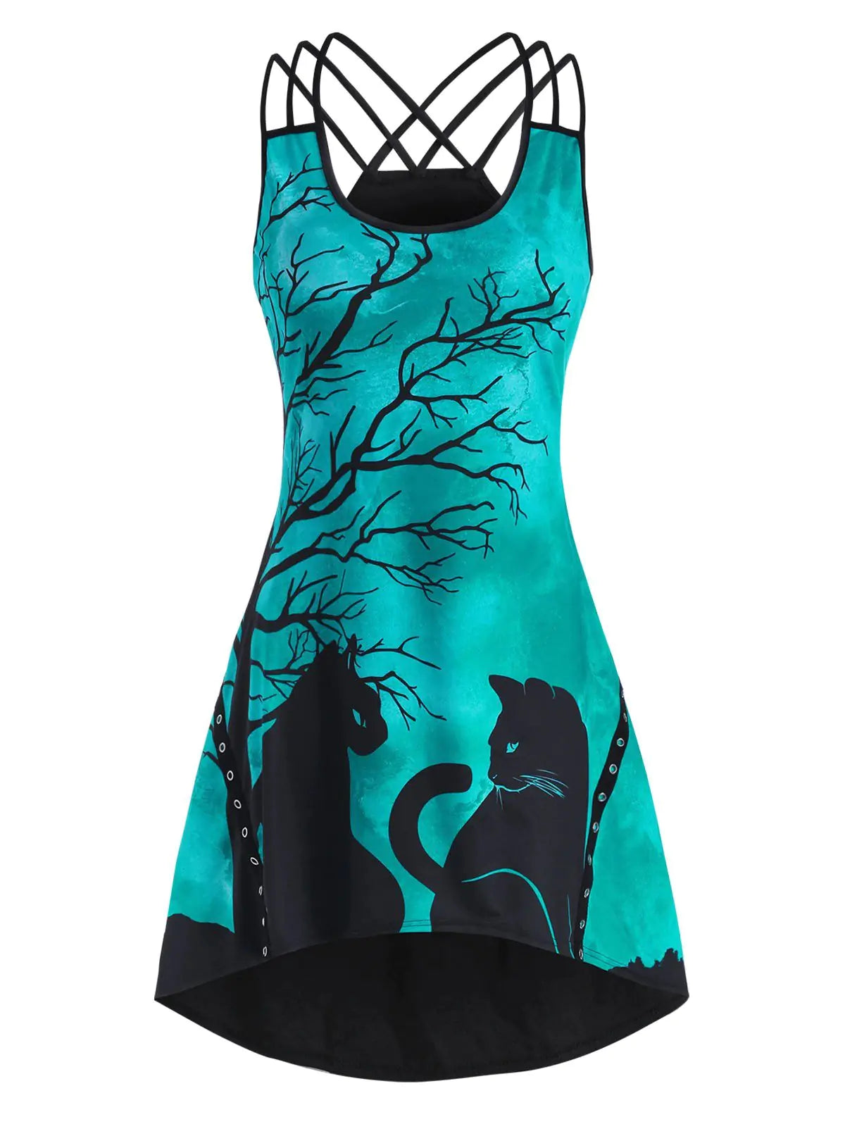 Halloween Black Cat Print Sleeveless High-Low Dress