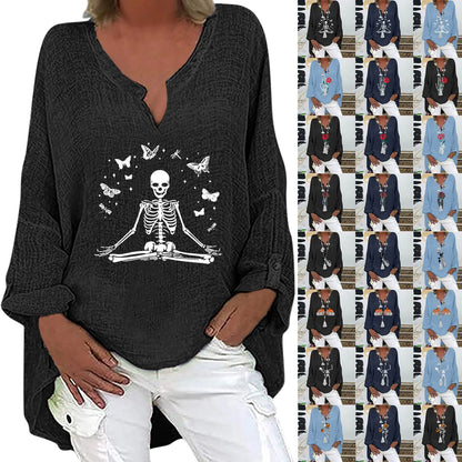 Halloween V-neck Cotton Linen Long Sleeve Shirt for Women