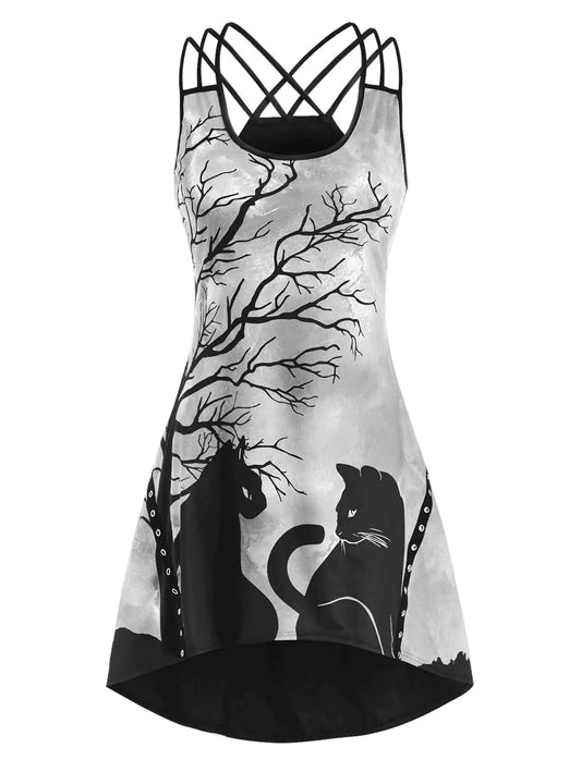Halloween Black Cat Print Sleeveless High-Low Dress