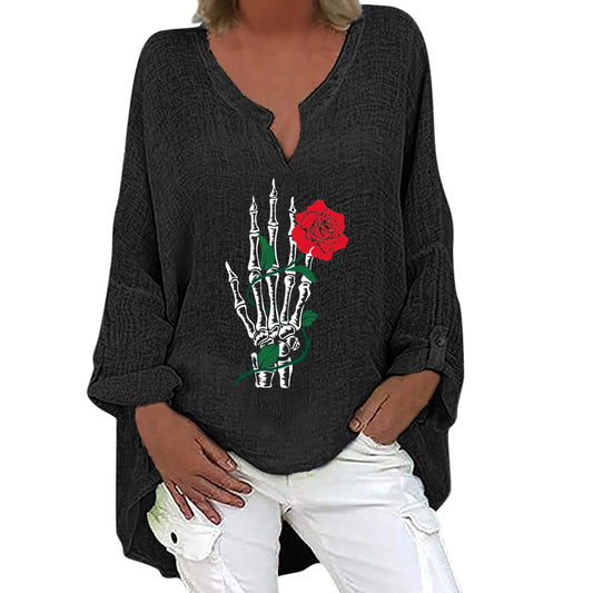 Halloween V-neck Cotton Linen Long Sleeve Shirt for Women