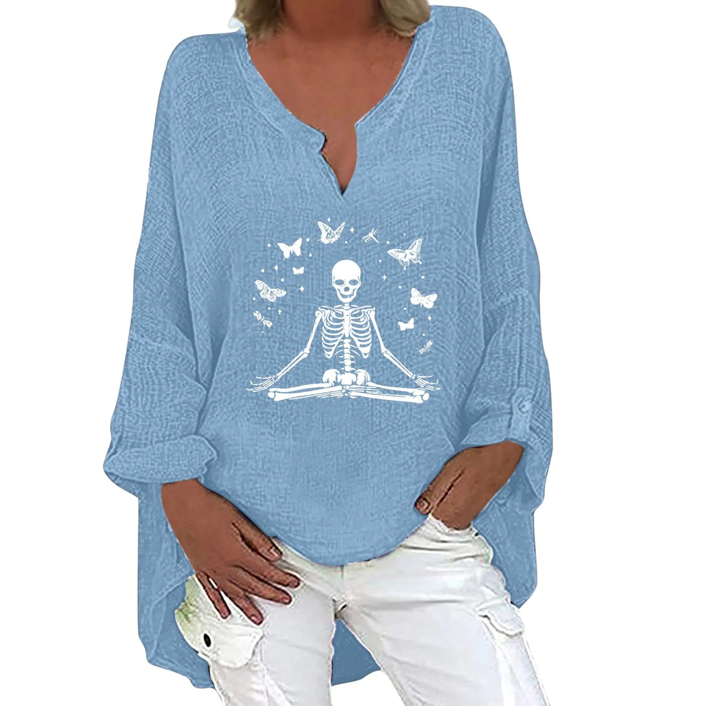 Halloween V-neck Cotton Linen Long Sleeve Shirt for Women