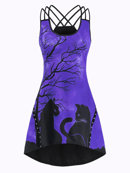Halloween Black Cat Print Sleeveless High-Low Dress